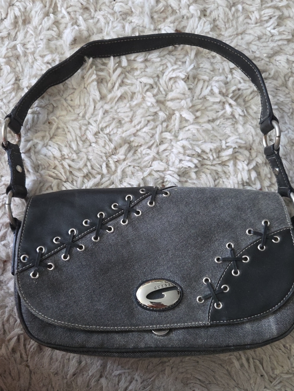 Vintage Y2k GUESS Gray Canvas & Black Leather Shoulder Bag